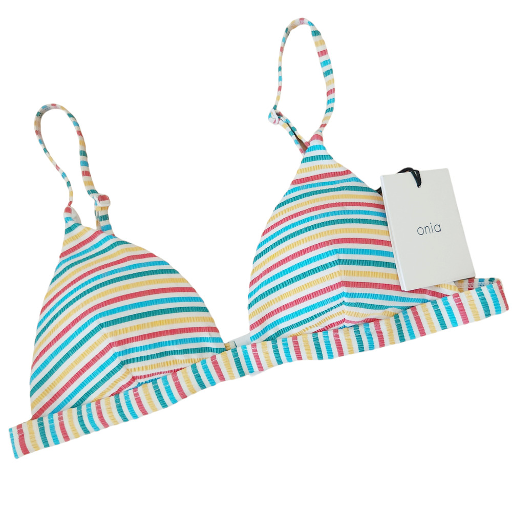 ONIA Danni Seersucker striped triangle beach bikini top in multi Size M NEW
